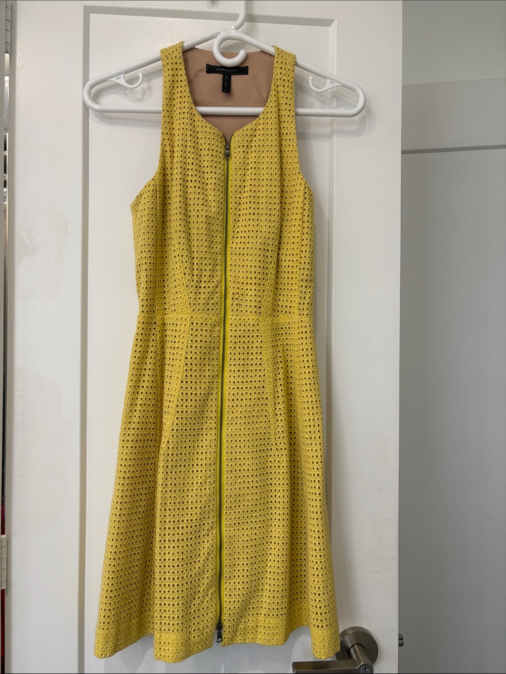 BCBGMaxAzria Yellow Eyelet Zip-Front Sleeveless Midi Dress